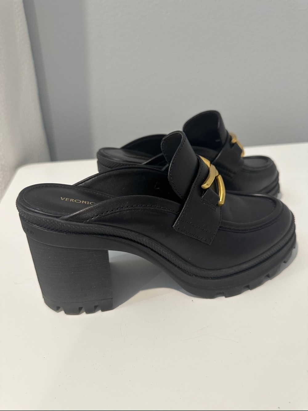 Veronica Beard Black Leather Lug-Heel Mules with Gold Hardware